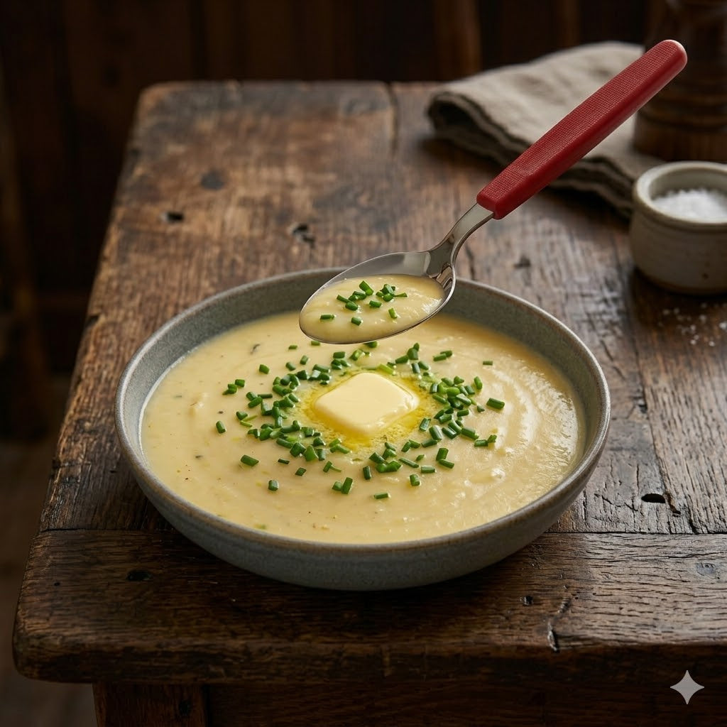 Schüssel mit cremigem Kartoffelpüree, Butter und Schnittlauch auf Holztisch, dazu ein Löffel mit rotem Griff.