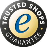 Rundes Trustmark-Siegel mit blauem e in goldener Mitte und Text „Trusted Shops Garantie“ am Rand