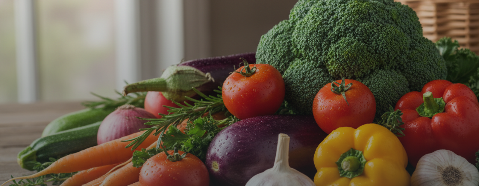Frisches Gemüse mit Brokkoli, Tomaten, Aubergine, Paprika, Karotten und Knoblauch auf einem Holztisch