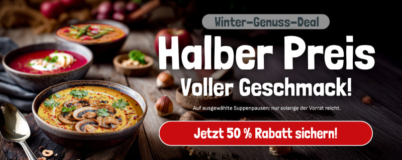 Werbebanner von GEFRO: Zwei grüne Beutel „Überraschung“ stehen auf einem Holztisch neben einem Messer mit rotem Griff. Daneben der Text „Ein warmes Dankeschön im Winter – 2 Suppenüberraschungen gratis für dich“. Ein roter Button mit der Aufschrift „Jetzt Code 2026WK1 einlösen“ sowie ein roter Kreis mit dem Hinweis „Gratis“.