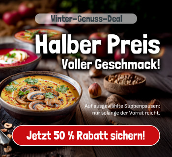 Werbebanner von GEFRO: Zwei grüne Beutel „Überraschung“ stehen auf einem Holztisch neben einem Messer mit rotem Griff. Daneben der Text „Ein warmes Dankeschön im Winter – 2 Suppenüberraschungen gratis für dich“. Ein roter Button mit der Aufschrift „Jetzt Code 2026WK1 einlösen“ sowie ein roter Kreis mit dem Hinweis „Gratis“.