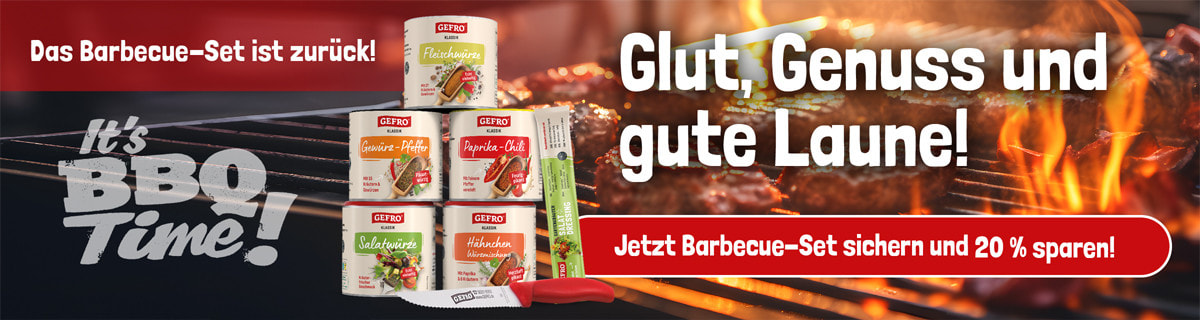 Barbecue-Set jetzt sicher und 20 % Sparen. Glut Genuss und gute Laune - das GEFRO BBQ-SET