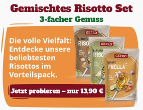 GEFRO Gemischtes Risotto Set mit Steinpilz Risotto, Basilikum-Nuss Risotto und Gemüse Paella im Vorteilspack. Aktionspreis 13,90 Euro.