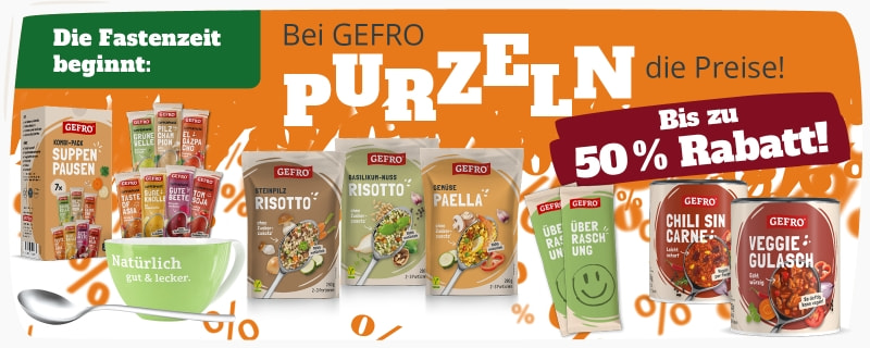 Die Fastenzeit beginnt – GEFRO reduziert Preise um bis zu 50 Prozent auf ausgewählte Suppen, Risotto, Paella und Veggie-Stars.