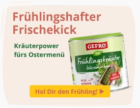 Dose „GEFRO Bio Frühlingskräuter“, beworben als frischer Kräuterpower für das Ostermenü mit Frühlingsmotiv.