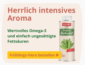Dose „GEFRO Omega-3 Bärlauch-Öl“, beworben mit intensivem Aroma und wertvollen Omega-3-Fettsäuren.