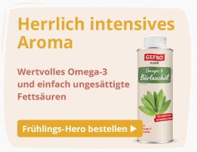 Dose „GEFRO Omega-3 Bärlauch-Öl“, beworben mit intensivem Aroma und wertvollen Omega-3-Fettsäuren.