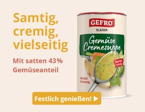 Gefro Gemüse Cremesuppe, cremig und vielseitig mit 43 Prozent Gemüseanteil.