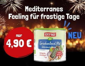 GEFRO Bio Griechenland-Mix Gewürzmischung vor winterlichem Hintergrund, Preisangabe 4,90 Euro, Hinweis auf neues Produkt.