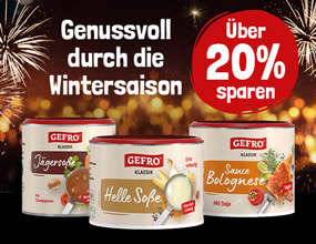 GEFRO Produktteaser mit drei Soßenprodukten für die Wintersaison, Hinweis auf über 20 Prozent Ersparnis.