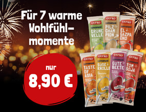 GEFRO Suppen-Sortiment mit verschiedenen Geschmacksrichtungen, beworben als sieben warme Wohlfühlmomente zum Preis von 8,90 Euro.