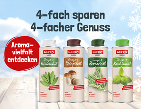 „Vier GEFRO Aromaöle in verschiedenen Sorten, Hinweis auf vierfaches Sparen und mehr Genuss.