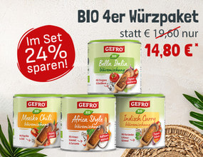Das GEFRO Bio 4er Würzpaket - Bella Italia, Africa Style, Mexiko Chili und Indisch Curry - Set jetzt sichern und 24% sparen