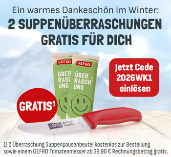 Winterliche GEFRO Aktion: Zwei Suppenüberraschungen gratis, Suppenpausenbeutel und GEFRO Tomatenmesser Messer, Code 2026WK1 einlösen.