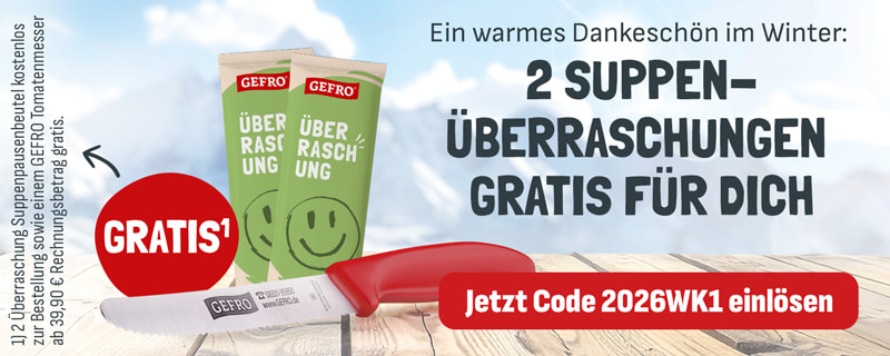 Winterliche GEFRO Aktion: Zwei Suppenüberraschungen gratis, Suppenpausenbeutel und GEFRO Tomatenmesser Messer, Code 2026WK1 einlösen.