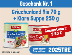 GEFRO-Werbegrafik mit einer Dose "Griechenland-Mix“ und einer Dose "Gefro Suppe". Angebotslabel: „jeweils eine Dose geschenkt mit dem Code 2025TRE".