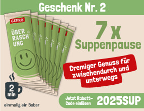 GEFRO-Werbegrafik mit einer Dose "Soße zu Braten“. Angebotslabel: „eine Dose geschenkt mit dem Code 2025MES".