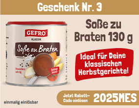 GEFRO-Werbegrafik mit zwei Beuteln "Suppen-Pausen“. Angebotslabel: „sieben Beutel Suppen-Pause geschenkt mit dem Code 2025SUP".