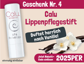 GEFRO-Werbegrafik mit einem CALU Lippenpflegestift "N° 6 Perfekt Lips“. Angebotslabel: „ein Calu N° 6 Lippenpflegestift geschenkt mit dem Code 2025PER".