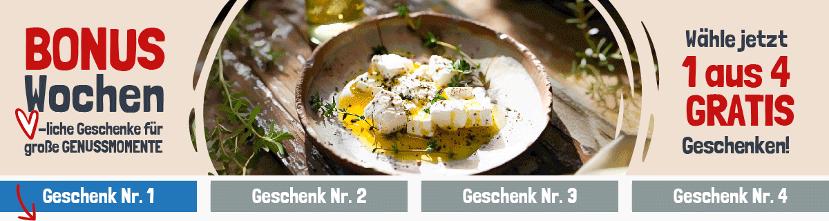 GEFRO-Werbegrafik mit Werbetext und Essenbeispiel welcher das Motiv und Farbe wechselt: Bonus Wochen! Wähle aus: 1 von 4 Geschenken zu deiner Bestellung."!