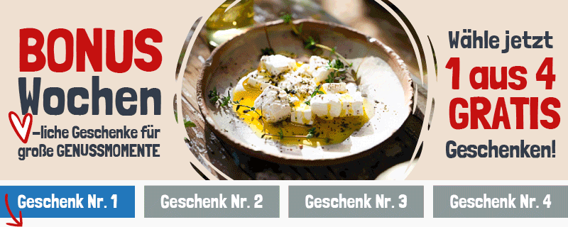 GEFRO-Werbegrafik mit Werbetext und Essenbeispiel welcher das Motiv und Farbe wechselt: Bonus Wochen! Wähle aus: 1 von 4 Geschenken zu deiner Bestellung."!