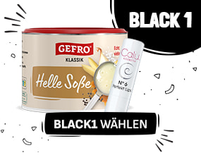 Produktmotiv mit einer Dose „Gefro Helle Soße“ und einem Calu Perfect Lips Lippenpflegestift. Text: „Black 1 – BLACK1 wählen“.