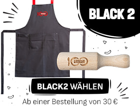 Bild einer schwarzen Gefro-Kochschürze und eines GEFRO Gewürzschaufel mit Jubiläumslogo. Text: „Black 2 – BLACK2 wählen. Ab einer Bestellung von 30 €“.