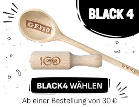 Holzkochlöffel mit Gefro-Logo und GEFRO Gewürzschaufel mit Jubiläumslogo. Text: „Black 4 – BLACK4 wählen. Ab einer Bestellung von 30 €“.