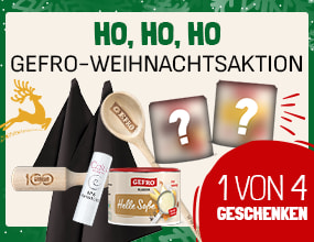 Werbegrafik zur GEFRO-Weihnachtsaktion mit dem Schriftzug „Ho, ho, ho“. Abgebildet sind verschiedene mögliche Geschenke, darunter ein Holz Kochl����ffel, zwei Geschirrhandtücher, Calu Lippenpflegestif, eine Dose „GEFRO Helle Soße“ und zwei verdeckte Überraschungsgeschenke mit Fragezeichen. Ein roter Kreis kündigt „1 von 4 Geschenken“ an.