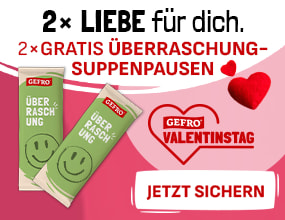 Valentinstags-Teaser von Gefro: Zwei grüne Portionspackungen „Überraschungssuppe“ mit Smiley, dazu Herzsymbole und das Gefro-Valentinstagslogo. Text: „2× Liebe für dich. 2× gratis Überraschungssuppenpausen.“ Button „Jetzt sichern“