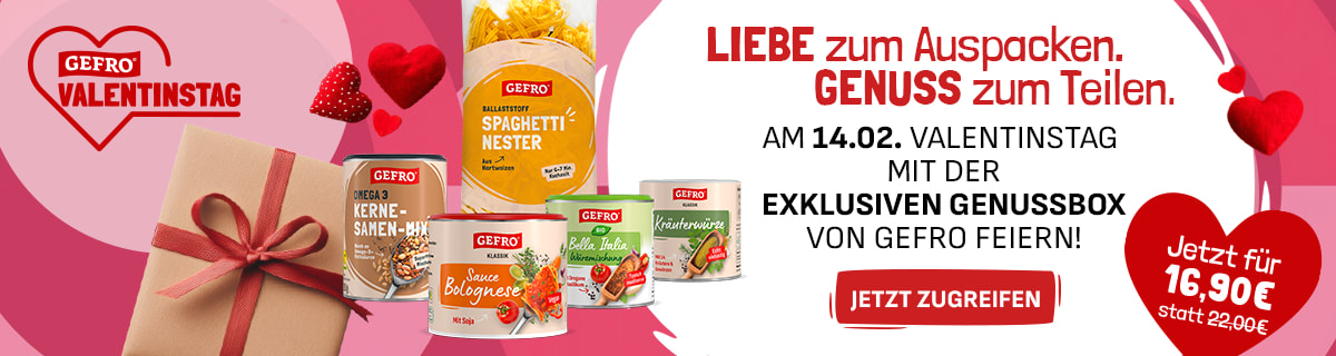Valentinstags-Werbebanner von Gefro: Geschenkbox mit Schleife, Herzen und Gefro-Produkten wie Spaghetti-Nester, Bolognese-Sauce, Kräuterwürze und Kerne-Samen-Mix. Text: „Liebe zum Auspacken. Genuss zum Teilen. Am 14.02. Valentinstag mit der exklusiven Genussbox von Gefro feiern.“ Button „Jetzt zugreifen“, Preis 16,90 Euro statt 22,00 Euro.