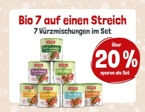 „Sieben GEFRO Bio-Würzmischungen im Set mit Text: ‚Bio 7 auf einen Streich – über 20 % sparen als Set‘.“