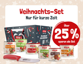 Werbegrafik für das GEFRO Weihnachts-Set: Abgebildet sind mehrere Dosen mit Suppen, Soßen und Würzmischungen sowie ein Messer vor einer festlich dekorierten Geschenkbox. Text: ‚Weihnachts-Set – Nur für kurze Zeit. Über 25 % sparen als Set.‘