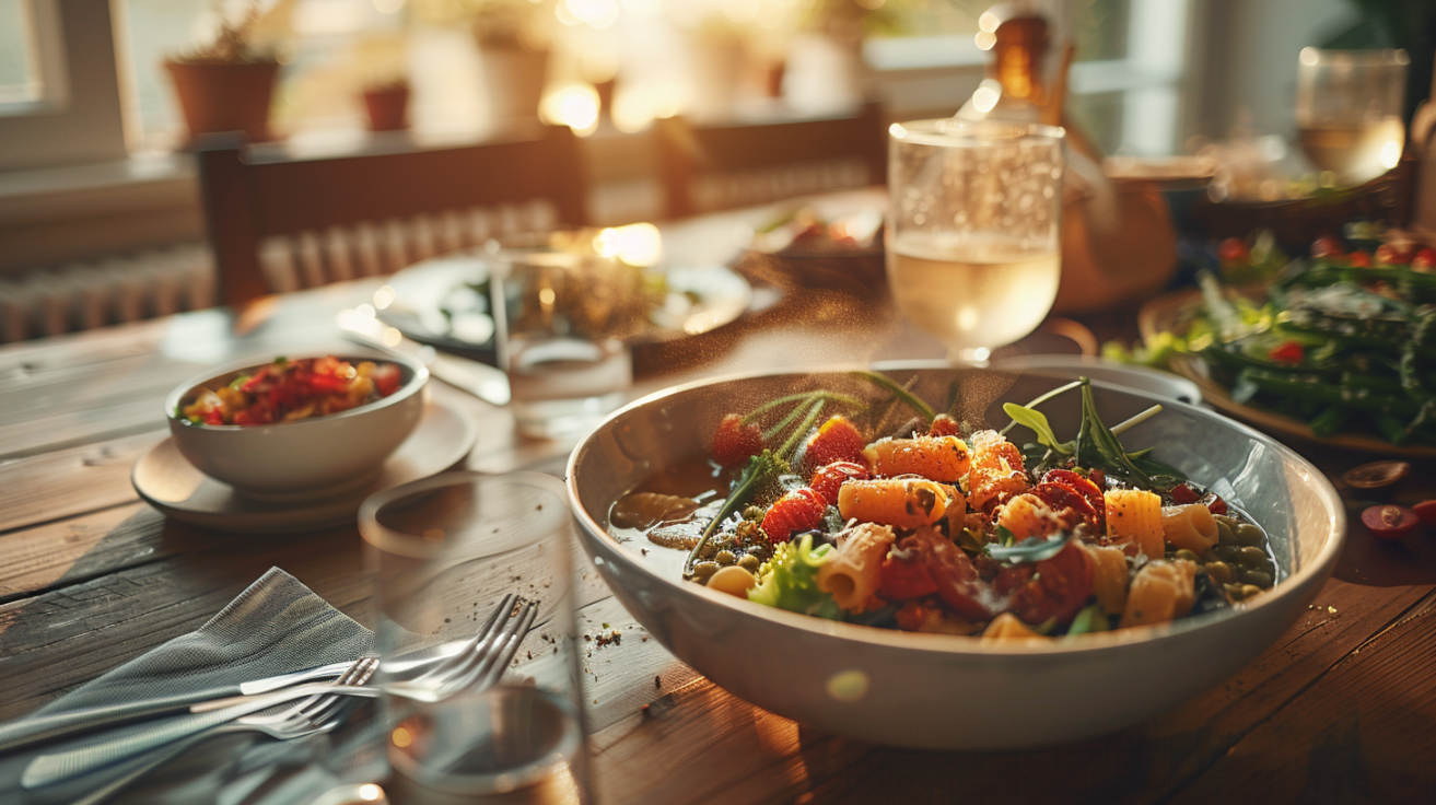 Eine Schüssel Tomatensuppe mit Croutons und Kräutern