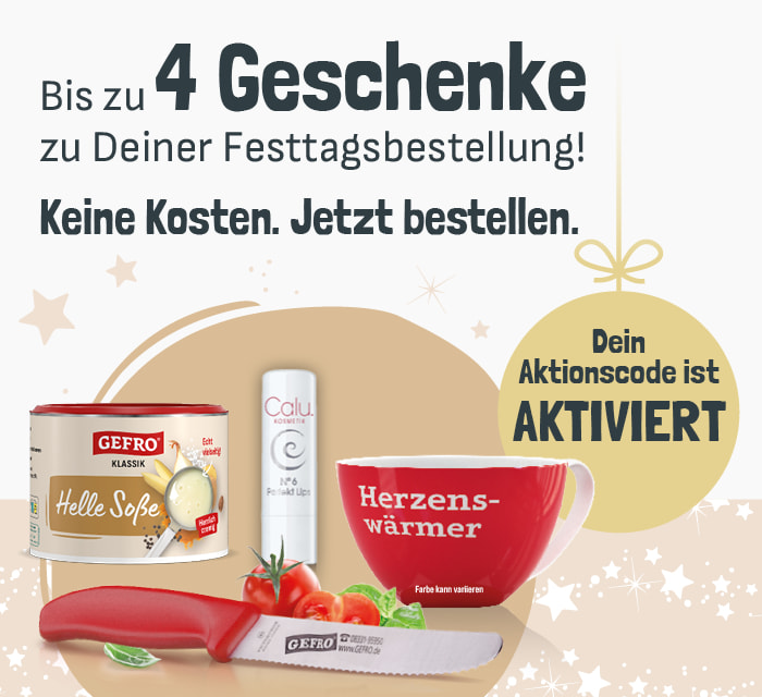 Werbegrafik mit kostenlosen Zugaben zu einer Festtagsbestellung: GEFRO Helle Soße, ein Calu-Kosmetikprodukt, eine rote Tasse mit Aufdruck ‚Herzenswärmer‘ (Farbe kann variieren) und ein Messer. Text: ‚Bis zu 4 Geschenke zu Deiner Festtagsbestellung! Keine Kosten. Jetzt bestellen. Dein Aktionscode ist aktiviert