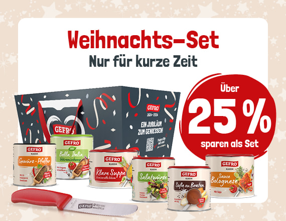 Werbegrafik für das GEFRO Weihnachts-Set: Abgebildet sind mehrere Dosen mit Suppen, Soßen und Würzmischungen sowie ein Messer vor einer festlich dekorierten Geschenkbox. Text: ‚Weihnachts-Set – Nur für kurze Zeit. Über 25 % sparen als Set.‘
