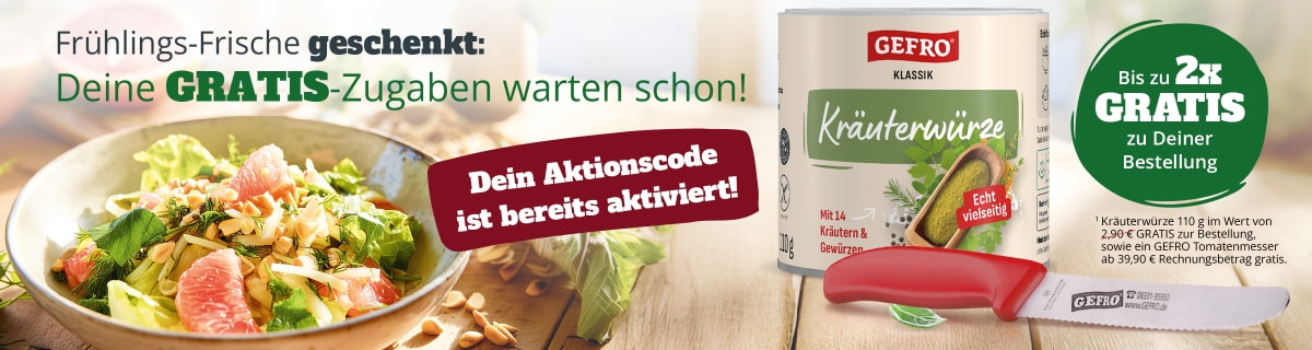 GEFRO Frühlingsaktion mit GRATIS-Zugaben: Kräuterwürze Klassik 110 g und GEFRO Tomatenmesser. Salat mit Grapefruit im Hintergrund, Hinweis „Aktionscode bereits aktiviert“ und „Bis zu 2x GRATIS zur Bestellung