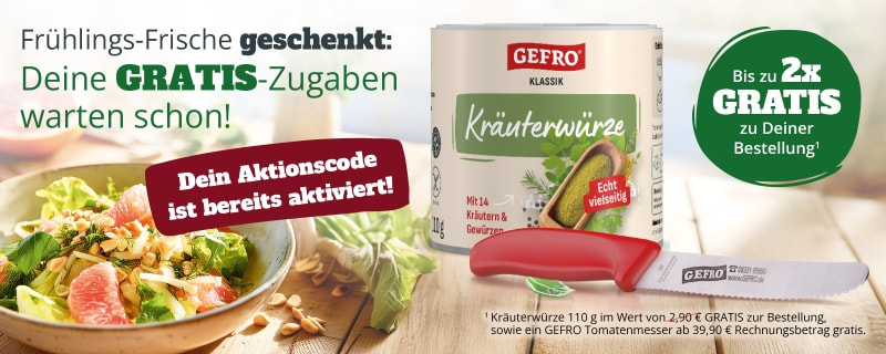 GEFRO Kräuterwürze Klassik Dose mit rotem Tomatenmesser als Gratis-Zugabe. Grüner Badge „Bis zu 2x GRATIS zu Deiner Bestellung“ zur Frühlingsaktion.