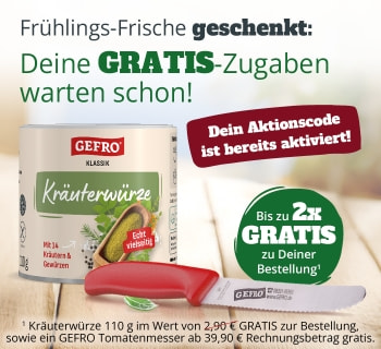 Frischer Frühlingssalat mit Kräutern, Nüssen und Grapefruit neben GEFRO Kräuterwürze Klassik. Werbehinweis: „Deine GRATIS-Zugaben warten schon – Aktionscode aktiviert“.