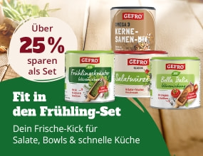 GEFRO Gewürz-Set „Fit in den Frühling“ mit Kernen-Mix, Frühlingskräuter, Salatwürze und Bella Italia. Über 25 Prozent sparen als Set-Angebot.
