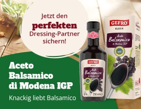 GEFRO Aceto Balsamico di Modena IGP mit Flasche und Geschenkverpackung. Werbehinweis „Jetzt perfekten Dressing-Partner sichern“.