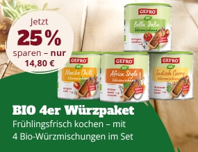 GEFRO BIO 4er Würzpaket mit Bella Italia, Mexican Chili, Africa Style und Indisch Curry. Frühlingsaktion mit 25 Prozent Ersparnis.