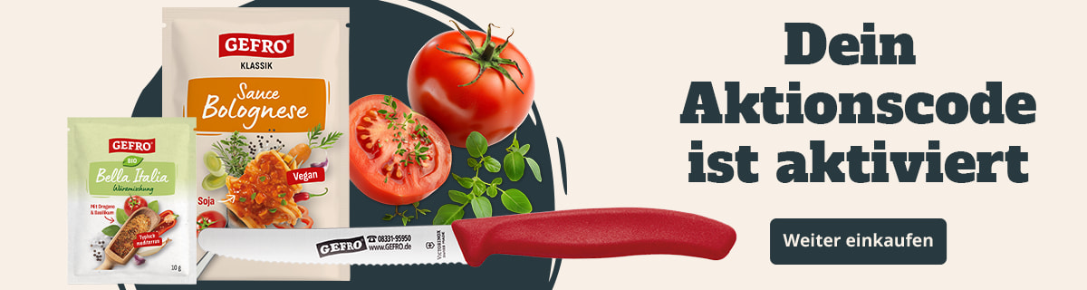 Großes Banner mit GEFRO Sauce Bolognese, Würzmischung Bio Bella Italia und Messer; Text „Dein Aktionscode ist aktiviert“, Button „Weiter einkaufen“.