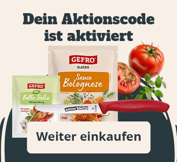 Großes Banner mit GEFRO Sauce Bolognese, Würzmischung Bio Bella Italia und Messer; Text „Dein Aktionscode ist aktiviert“, Button „Weiter einkaufen“.