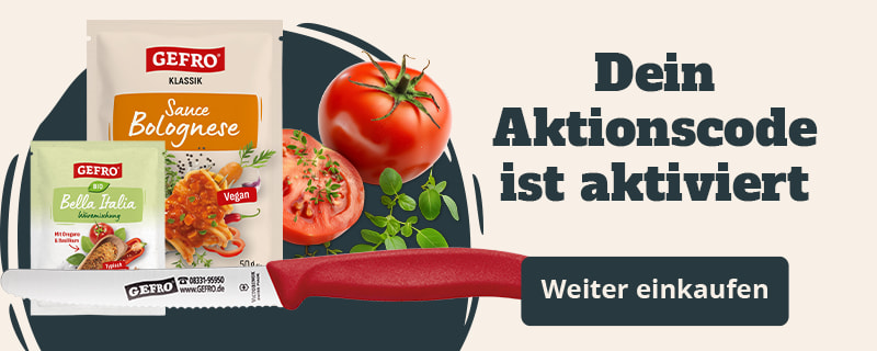 Großes Banner mit GEFRO Sauce Bolognese, Würzmischung Bio Bella Italia und Messer; Text „Dein Aktionscode ist aktiviert“, Button „Weiter einkaufen“.