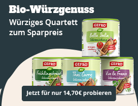 Vier Bio-Gewürzprodukte von GEFRO (Frühlingskräuter, Thai Curry, Bella Italia, Vive la France) als Spar-Set für 14,70 €.