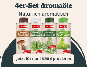 Vier GEFRO Aromaöle (Steinpilz, Basilikum, Rosmarin, Bärlauch) als Set „Natürlich aromatisch“ für 16,90 €.