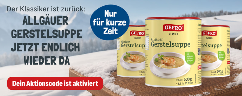 GEFRO Werbebanner vor winterlicher Gebirgslandschaft mit zwei grünen Überraschungs-Suppentüten und einem roten Tomatenmesser auf einem Holztisch. Text: „Winterzeit ist Probierzeit“ (oder „Jetzt sichern“), verspricht 2 Gratis-Suppen, ein Messer 