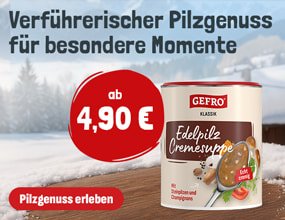 GEFRO Klassik Edelpilz-Cremesuppe in Dose vor winterlicher Landschaft. Text im Bild: „Verführerischer Pilzgenuss für besondere Momente“. Preisangabe: ab 4,90 Euro.