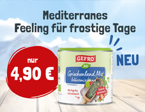 Werbebanner für GEFRO Bio Griechenland Mix Würzmischung mit Paprika & Knoblauch. Vor einem Hintergrund mit verschneiten Bergen und sonnigem Himmel steht die Dose auf einem Holztisch. Text: „Mediterranes Feeling für frostige Tage“, ein „NEU“-Hinweis und die Preisangabe „nur 4,90 €